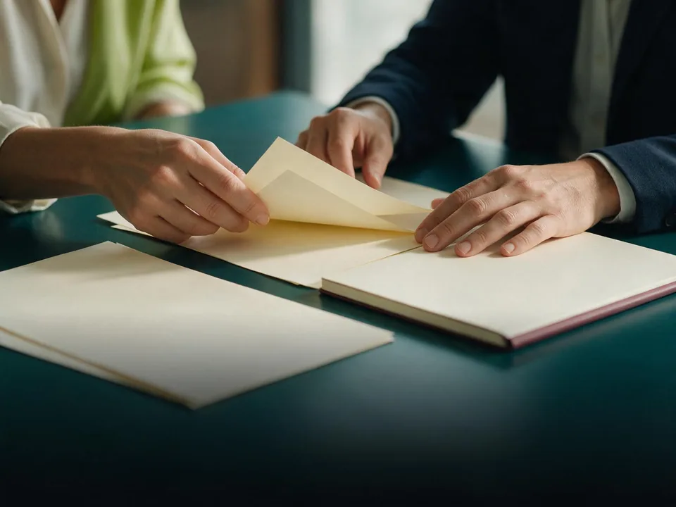 Dos profesionales revisando documentación sobre una mesa